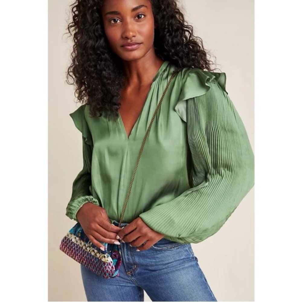 Anthropologie Dolan Green Ruffled Long Sleeve Blouse